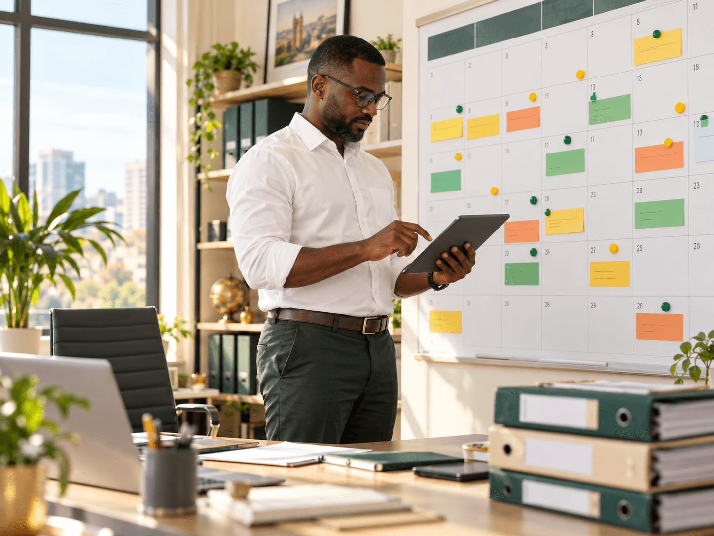 Illustrative image of a Ghanaian company secretary planning filing deadlines with a calendar and tablet