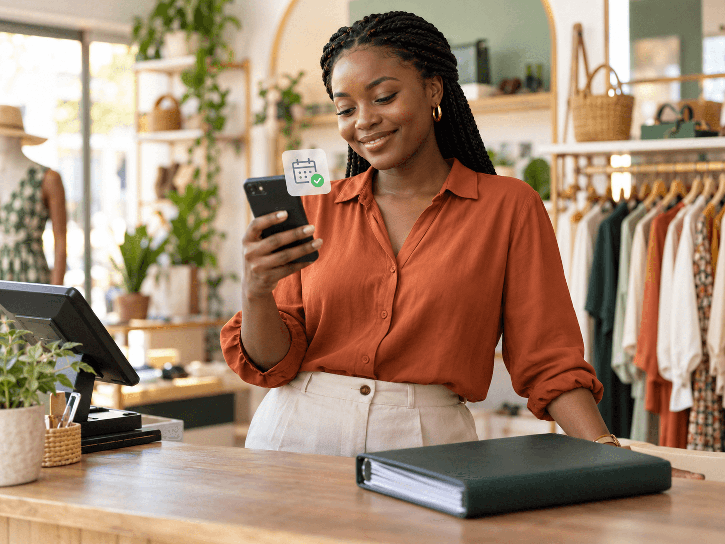 Illustrative image of a Ghanaian boutique owner checking a compliance reminder on her phone