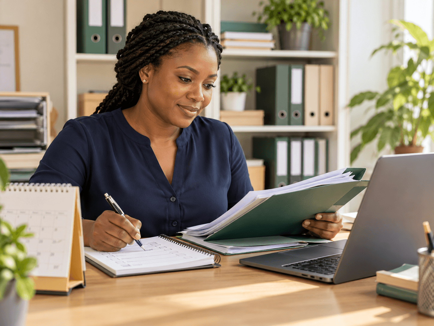 Illustrative image of a Ghanaian business owner checking company records and filing deadlines
