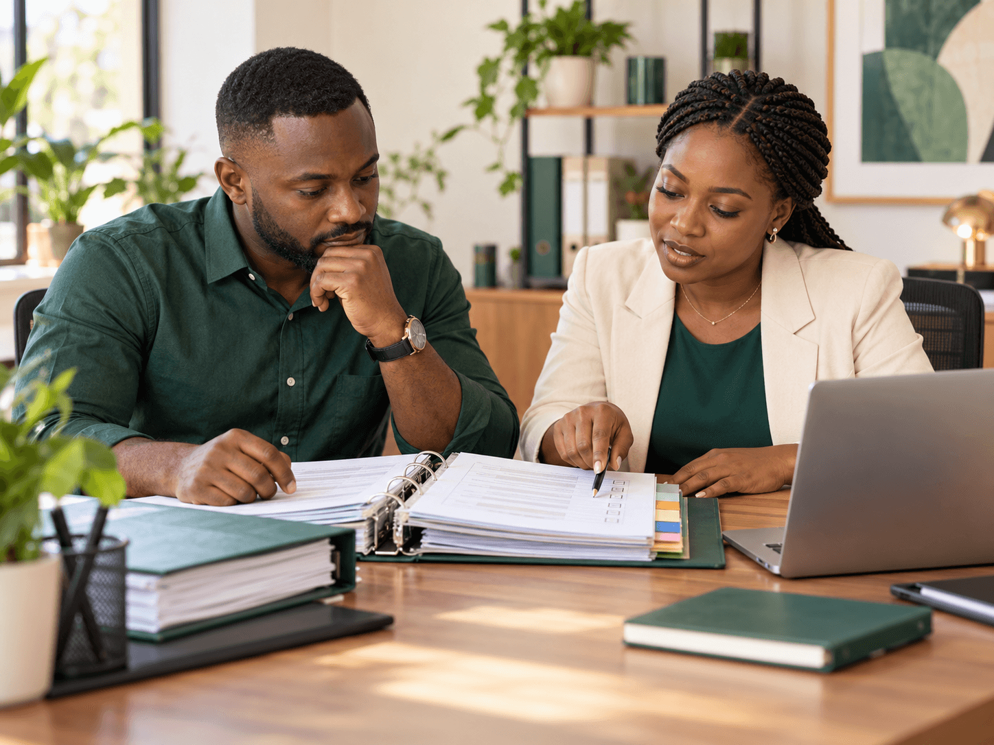 Illustrative image of a Ghanaian business owner and adviser reviewing company records and filing requirements
