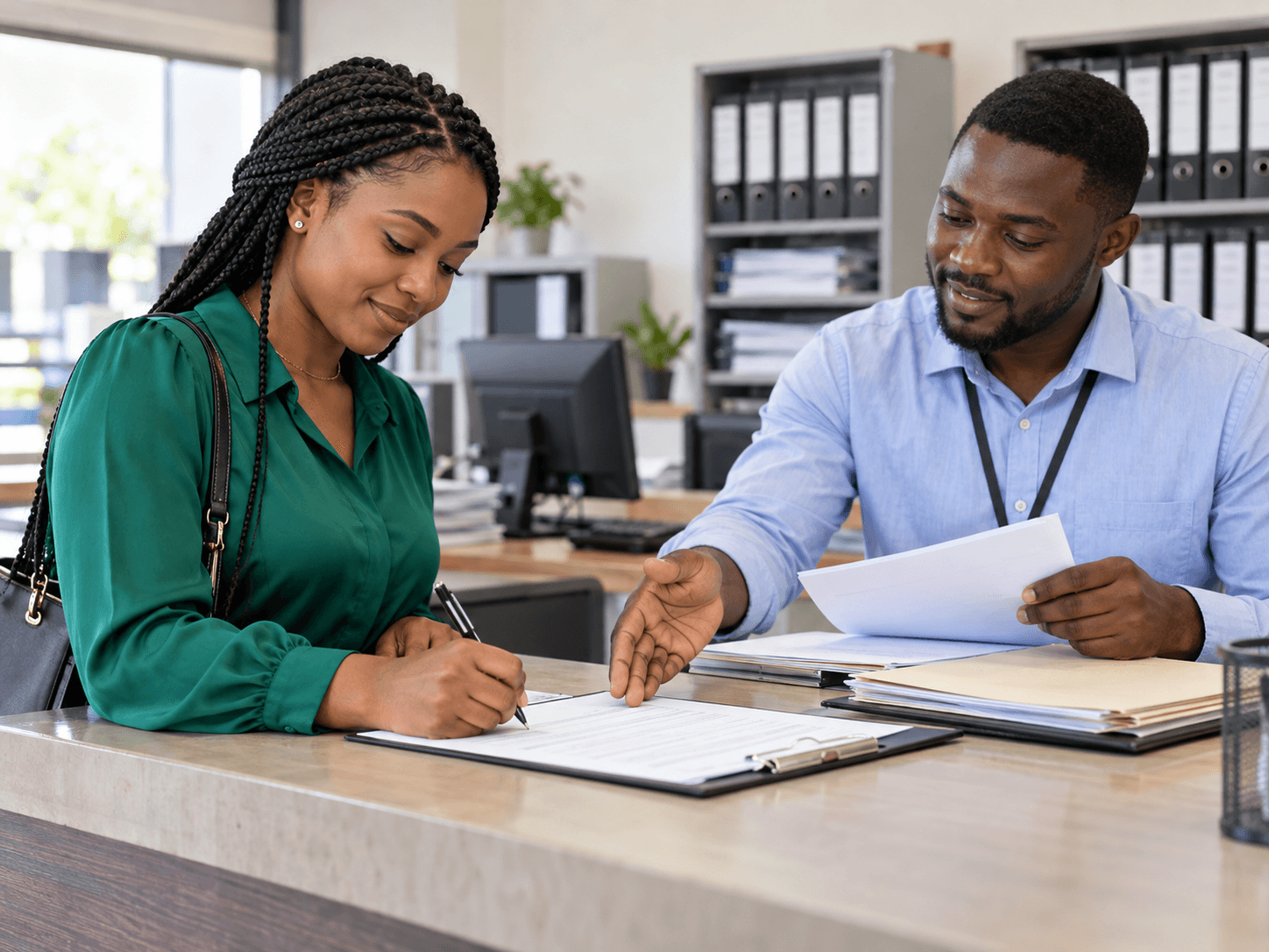 Illustrative image of a Ghanaian founder signing business registration paperwork with a registration officer