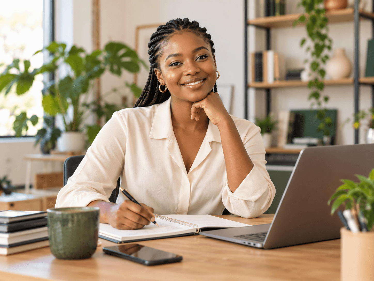 Illustrative portrait of a young Ghanaian founder planning her business at a desk