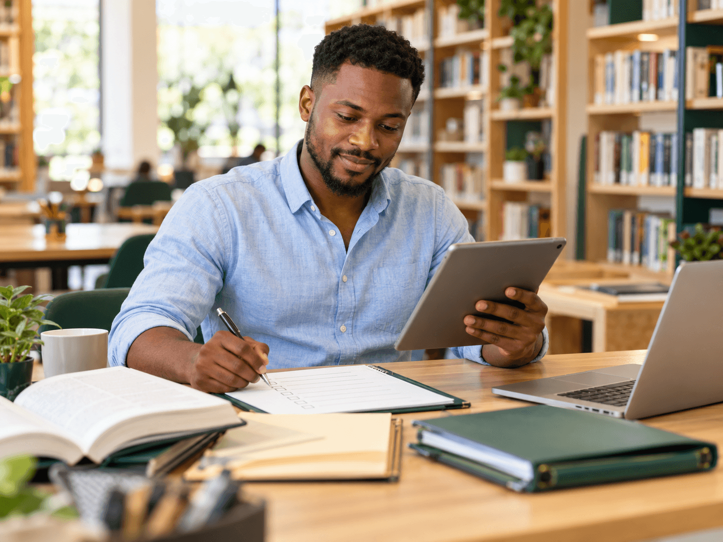 Illustrative image of a Ghanaian entrepreneur reading a business guide and checking required documents