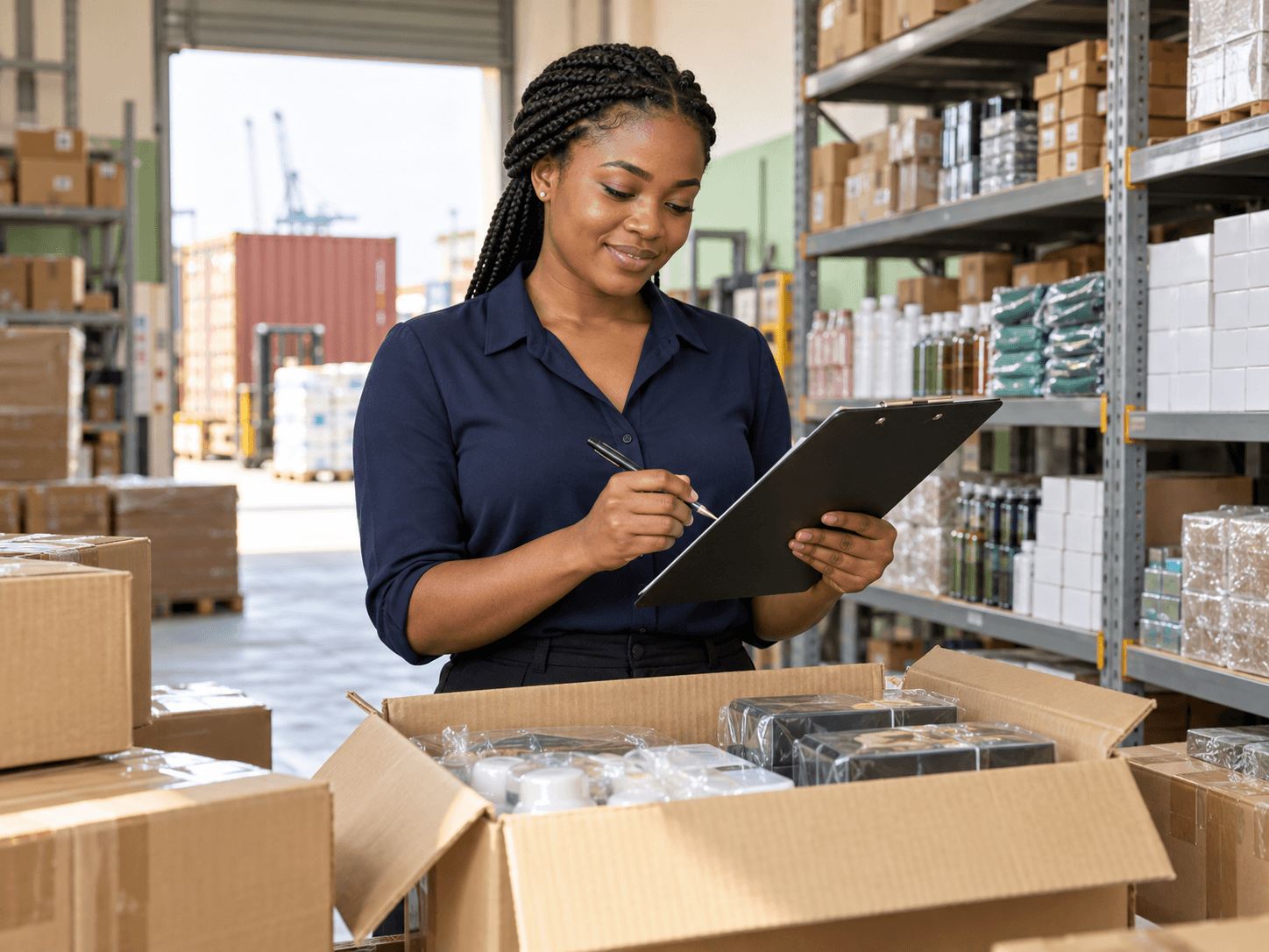 Illustrative portrait of a young Ghanaian importer checking a shipment in a warehouse