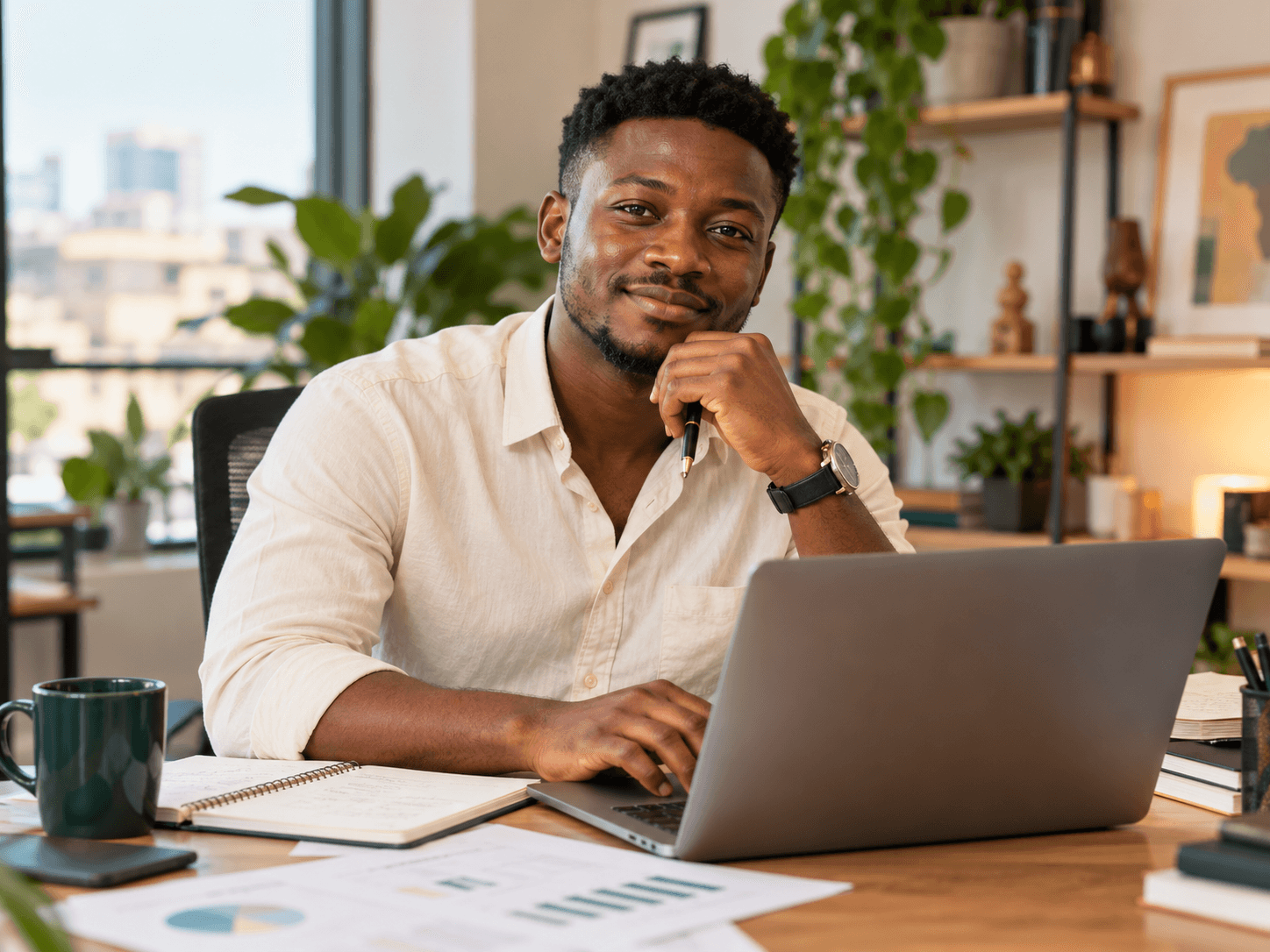 Illustrative portrait of a young Ghanaian startup CEO at a laptop in a modern office